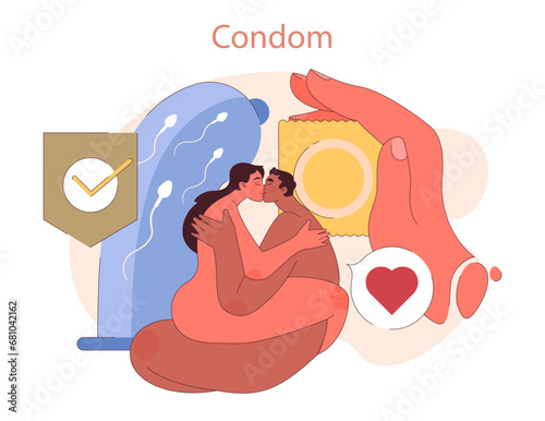 Types of Contraception. Intimate couple with a condom symbolizes safe love, highlighting responsible birth control choices. Flat vector illustration
