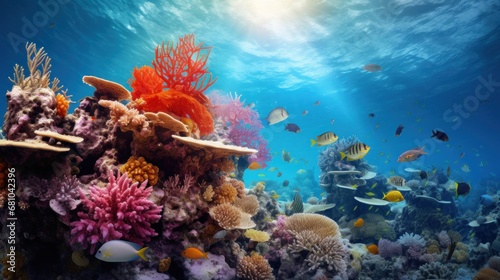 blue lagoon with bright coral reefs and a variety of fish, sun rays through the water, banner photo