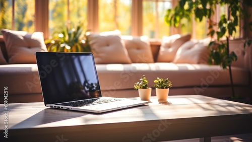 Open laptop on table in living room, work from home concept