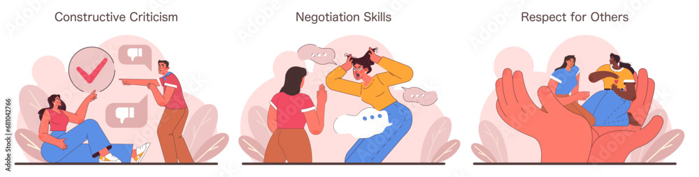 Assertiveness skills set. Engaging visuals showcase constructive criticism, effective negotiation, and mutual respect. Explore interpersonal interactions and confident communication. Flat vector
