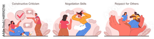 Assertiveness skills set. Engaging visuals showcase constructive criticism, effective negotiation, and mutual respect. Explore interpersonal interactions and confident communication. Flat vector