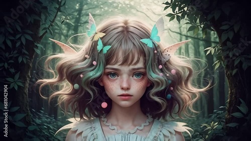 portrait of forest freckled fairy in magical fairy-tale woodland with butterflies in her hair. photo