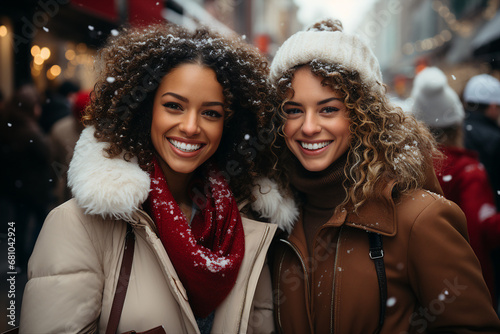 Generative ai collage image photo of two girls buddies have fun outside on winter x mas day photo