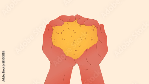 Vector illustration of outstretched hands holding a handful of grain. Concept representing food shortage, hunger, poverty and rising prices. Caring for those who need help.