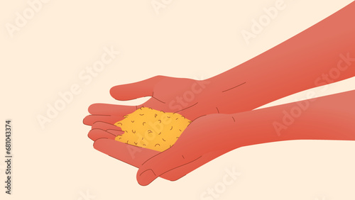 Vector illustration of outstretched hands holding a handful of grain. Concept representing food shortage, hunger, poverty and rising prices. Caring for those who need help.