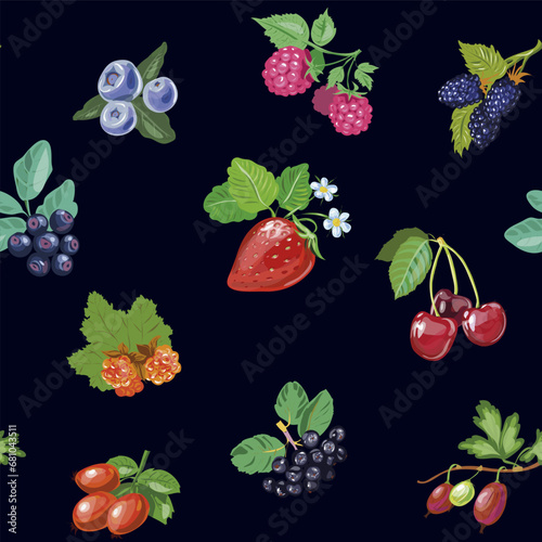 Berries seamless pattern on black background, sweet ripe berries and flowers and leaves. Vector