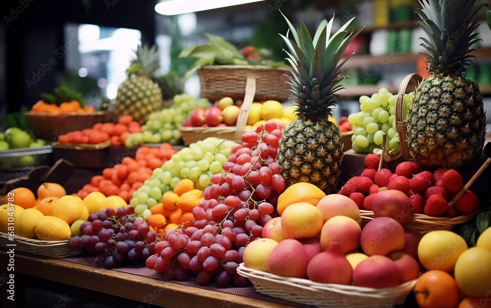 Realistic photo of fruits on market shelves, fruits in basket. generative ai