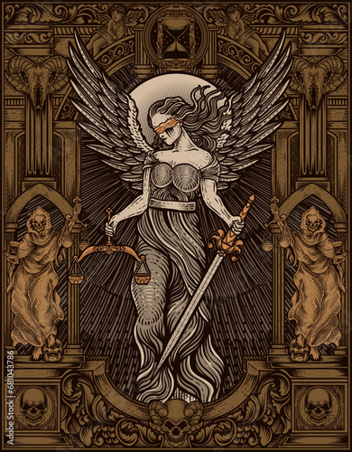 Illustration hand drawn. Vintage justice angel with engraving ornament frame. Vector design