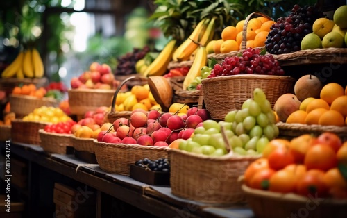 Realistic photo of fruits on market shelves  fruits in basket. generative ai