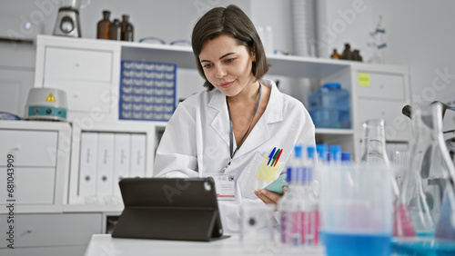 Young beautiful hispanic woman scientist using touchpad and smartphone at laboratory
