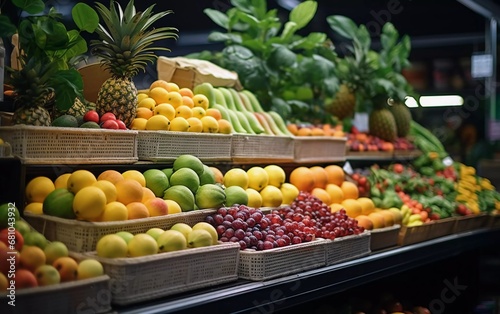 Realistic photo of fruits on market shelves, fruits in basket. generative ai