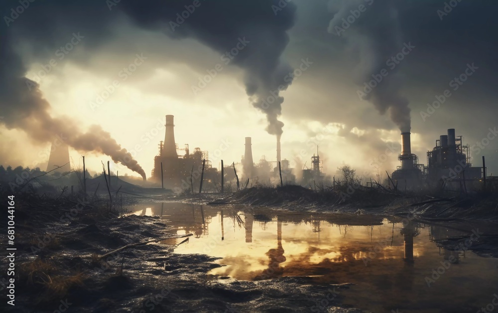 realistic photo of industrial factory air pollution, global warming concept. generative ai