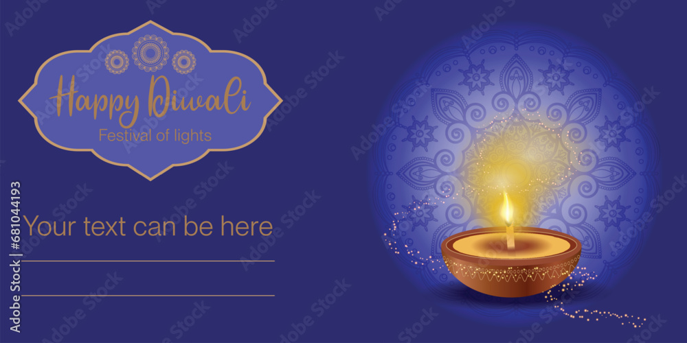 Naklejka premium Happy Diwali ( Festival of lights) vector illustration with mandala circle design and oil diya. Banner, flyer, greeting card, poster