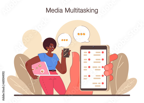 Digital multitasking. Effective and competent office worker media consumption management. Business productivity optimization, scheduling and progress tracking. Flat vector illustration
