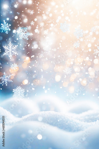 Winter blurred texture with snow and bokeh. Christmas background with color mixing sparkling gold confetti. © elena_hramowa