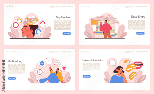 Information Overload concept set. Individuals navigating excess data in digital age. Managing content deluge, seeking clarity amidst chaos. Flat vector illustration