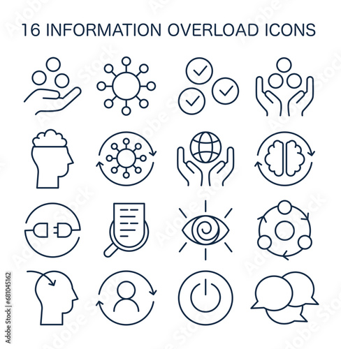 Information Overload Icons set. Graphic elements portraying brain fatigue, data management, and tech-induced stress. Navigating digital excess in modern life. Flat vector illustration