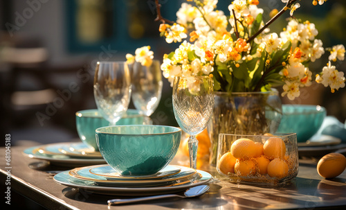 Preserved table for Easter celebration in the spring garden