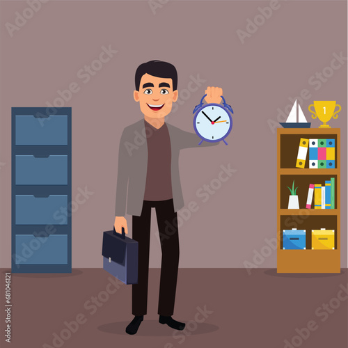 Immerse your designs in the realm of time management with this illustrative portrayal of a man confidently holding a clock. Meticulously crafted, this scene captures the essence of temporal authority.