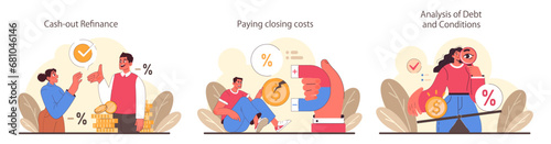 Refinance process set. Loan rate reduction to lender agreements. Debt obligation with better interest rate. Housing loan, real estate mortgage. Flat vector illustration