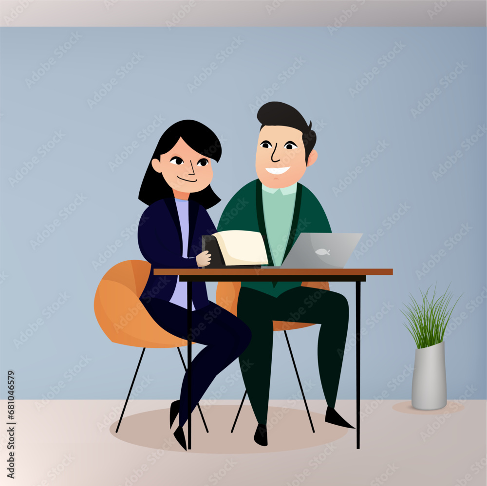 Immerse your designs in spirit of teamwork and collaboration with illustrative portrayal of girl, boy working harmoniously together on laptop. Whether for educational campaigns, team-building visuals.