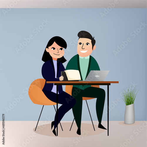 Immerse your designs in spirit of teamwork and collaboration with illustrative portrayal of girl, boy working harmoniously together on laptop. Whether for educational campaigns, team-building visuals.