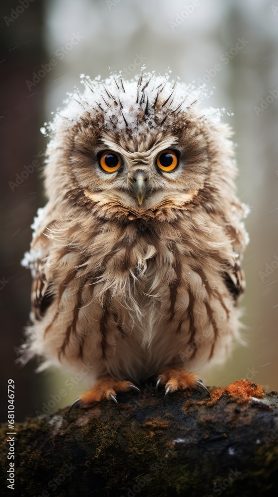  a close up of a small owl on a tree branch with snow flakes on it's head and an orange - eyed, yellow - eyed, yellow - eyed, yellow - eyed, yellow - eyed, black - eyed owl.