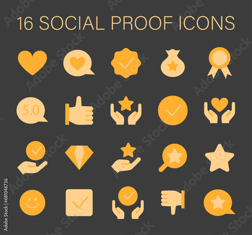 Social Proof concept icons set. Trust-building icons for credibility and reputation. Customer satisfaction, quality assurance, and positive feedback symbols. Flat vector illustration.