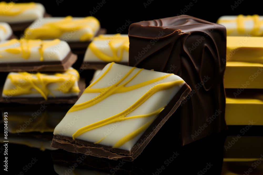 Luxury, fine white and dark chocolate dessert with lemon on a plate close up