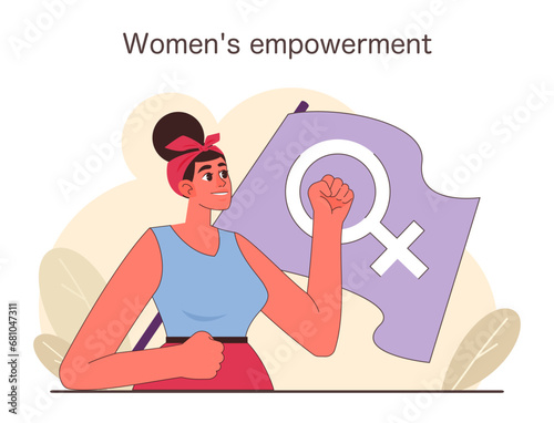 Confident woman with topknot showcasing female symbol, signifying strength and independence. Feminism and pride. Flat vector illustration.