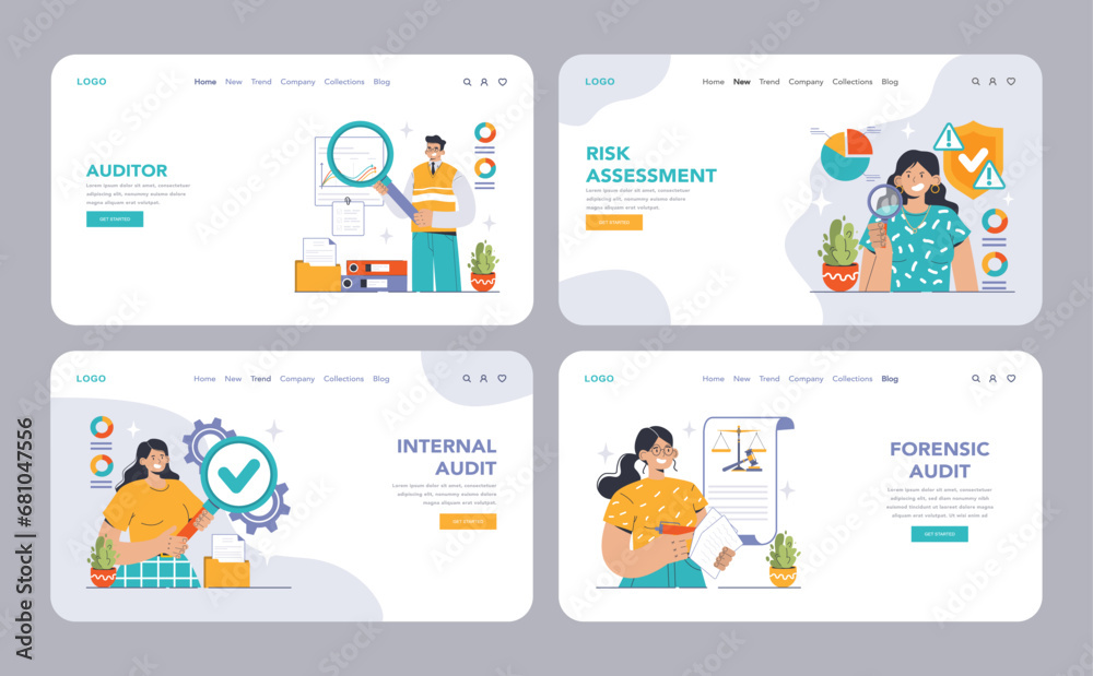 Audit set. Professionals evaluating financial records. Internal and external assessment, compliance checks. Forensic scrutiny, risk analysis. Financial statement reviews. Flat vector illustration