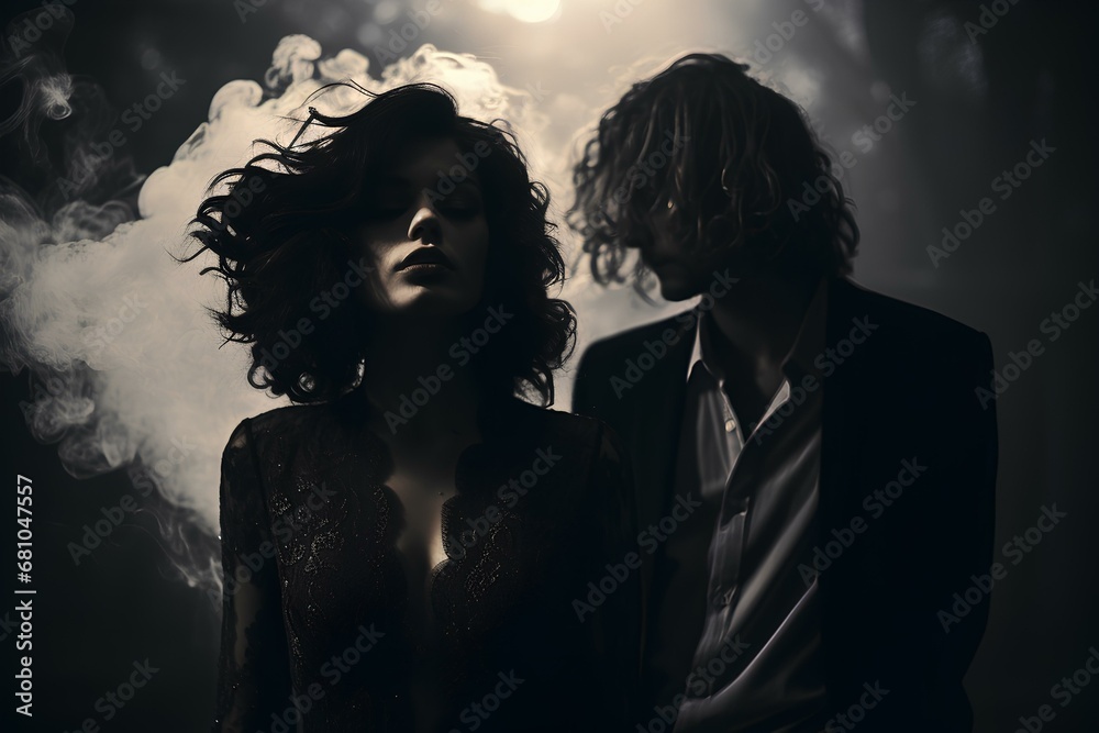 a woman and man smoke a cigarette in a black and white photo, in the style of pop inspo, dappled, jazzy, fashionable flair. generative AI