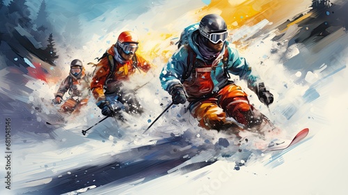 people skiing freestyle on the snowy slopes of the mountains, banner, illustration