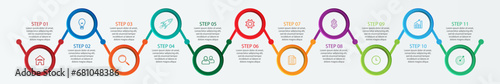 Simple infographic 11 sections or options, simple design with colored circles and lines. icons, text and numbers, for presentations, flow diagrams and your business