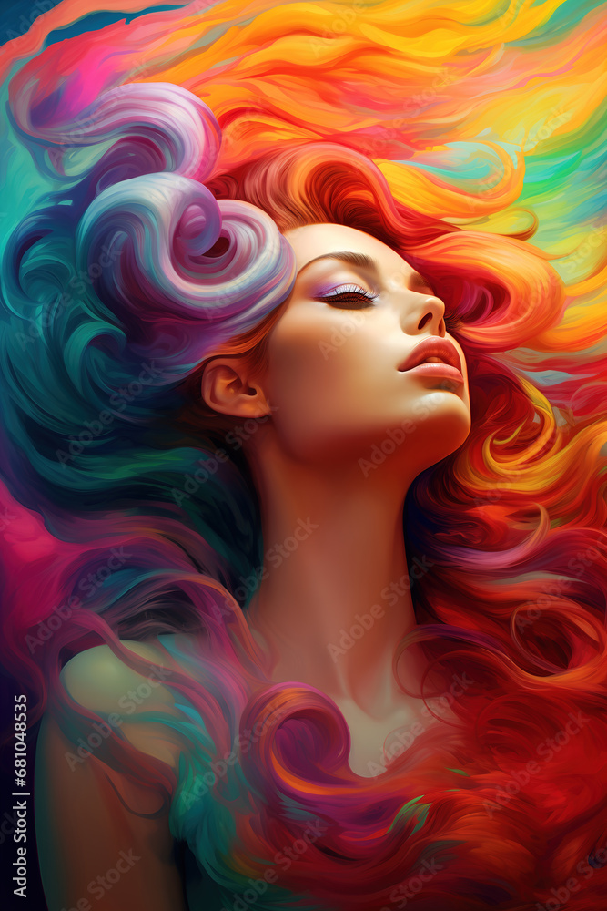 Stunning woman with rainbow colored hairs, creative illustration