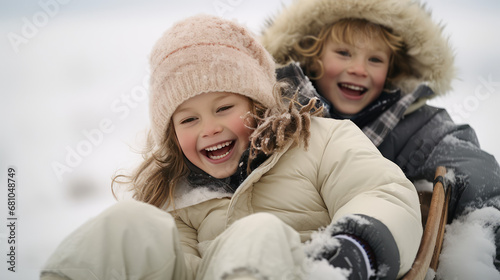 Happy cute children sledding in snowy winter weather. Sunny December day, group of kids playing in snow, Christmas outdoor fun. Winter fashion warm clothes.