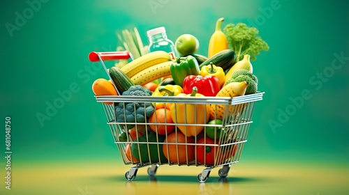 Shopping basket with fresh food and smartphone. Grocery supermarket, food and eats online buying and delivery concept.