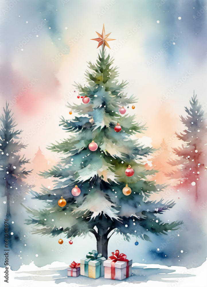 Watercolor Christmas tree fluyer or greetings card background