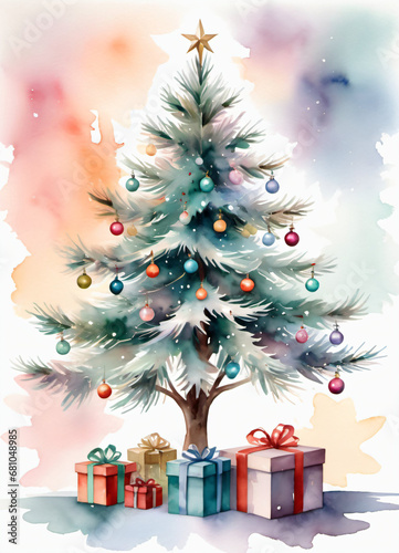 Watercolor Christmas tree fluyer or greetings card background photo