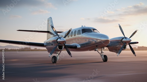Single turboprop aircraft.. Small private plane flying in blue clouds.