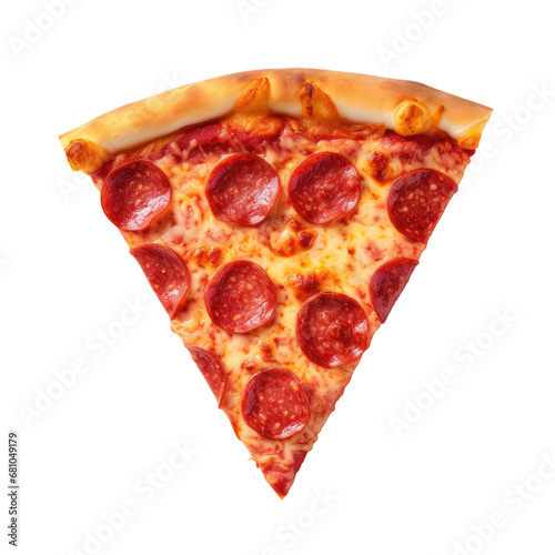 Top view Closeup of triangular piece of pepperoni pizza isolated on white background, clipart. Png with transparent background, cutout.