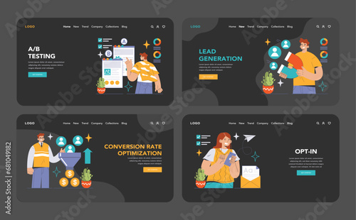 Conversion Rate Optimization set. Experts analyzing website performance. A B testing, sales funnel, lead generation. User engagement strategies. Flat vector illustration