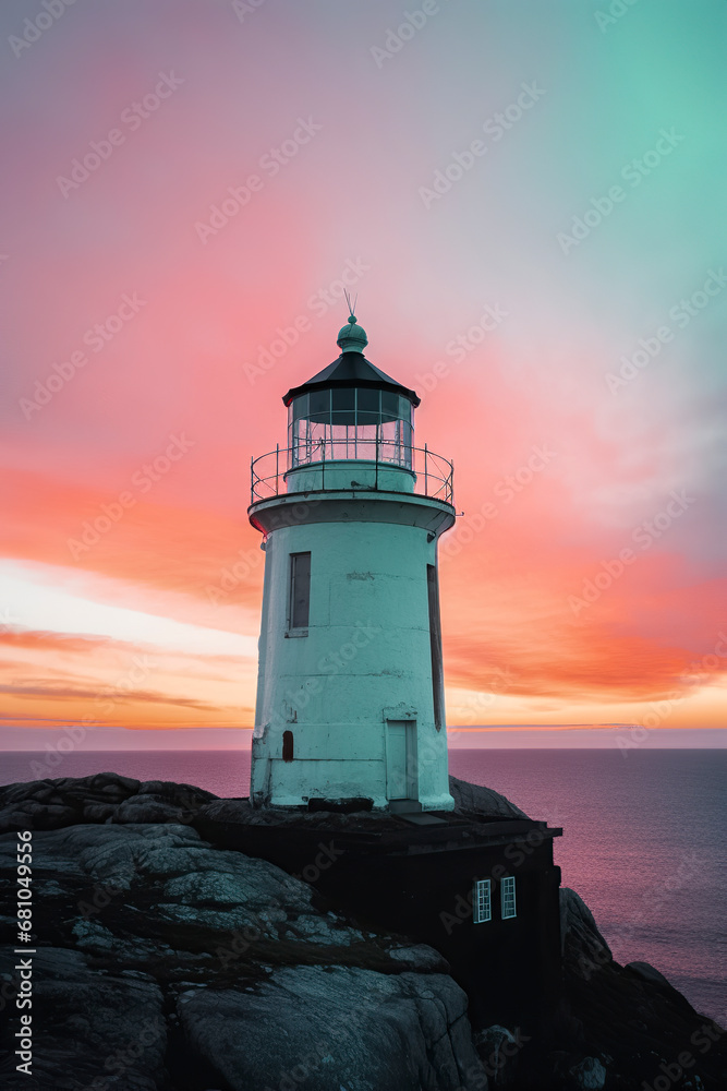 a white lighthouse on a rocky cliff with a beautiful pink and orange sunset in the background, ai generative
