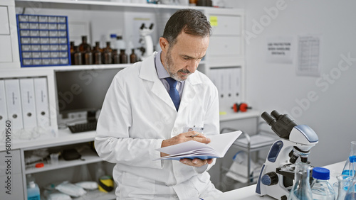 Middle-aged man with grey hair, dedicated scientist! working hard on his report from the lab, pushing the boundaries of medicine.