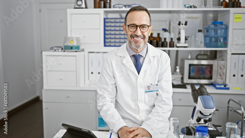 Confident middle age man with grey hair, joyfully smiling as he works in the lab, embodying the happy scientist in his element.