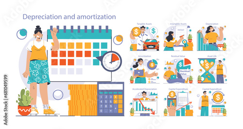 Amortization and depreciation set. Calculating the value for business assets over time. Company asset lifespan , capital valuation. Financial report. Flat vector illustration photo