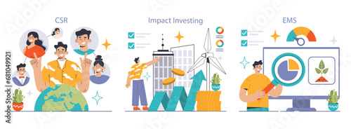 Corporate sustainability set. Professionals discussing CSR, innovative green financing, effective EMS systems. Involvement, environmental focus, growth indicators. Flat vector illustration
