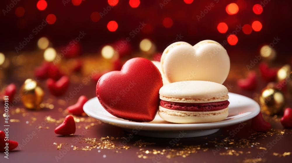 a couple of heart shaped macaroons sitting on top of a plate next to a heart - shaped macaroni and cheese macaroni on a plate. a couple of heart shaped macaroons sitting on top of a plate next to a heart - shaped macaroni and cheese macaroni on a plate.