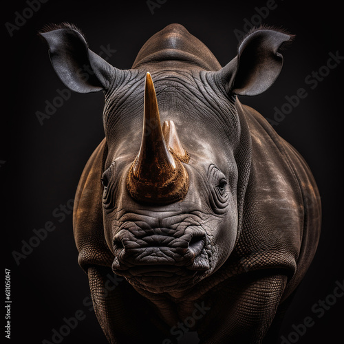  Close-up of a majestic black rhinoceros, beautiful, on a black gradient background. in wild nature