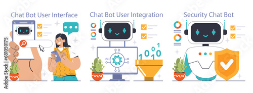 Chat Bot Collection. Woman interacts with mobile interface, system integration in background, security features emphasized. User experience, digital support. Flat vector illustration